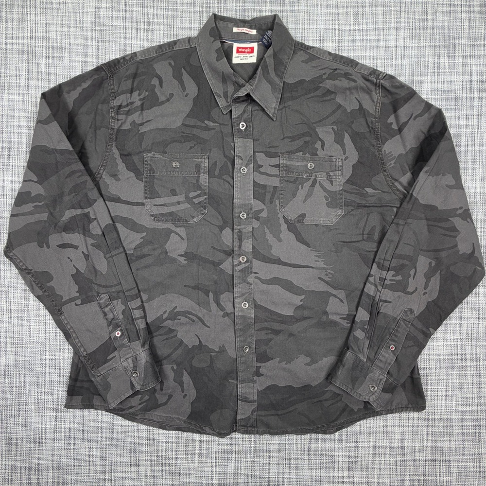 Wrangler Mens Button Down Shirt 2XL Gray Camo Flex For Comfort Long Sleeve Top